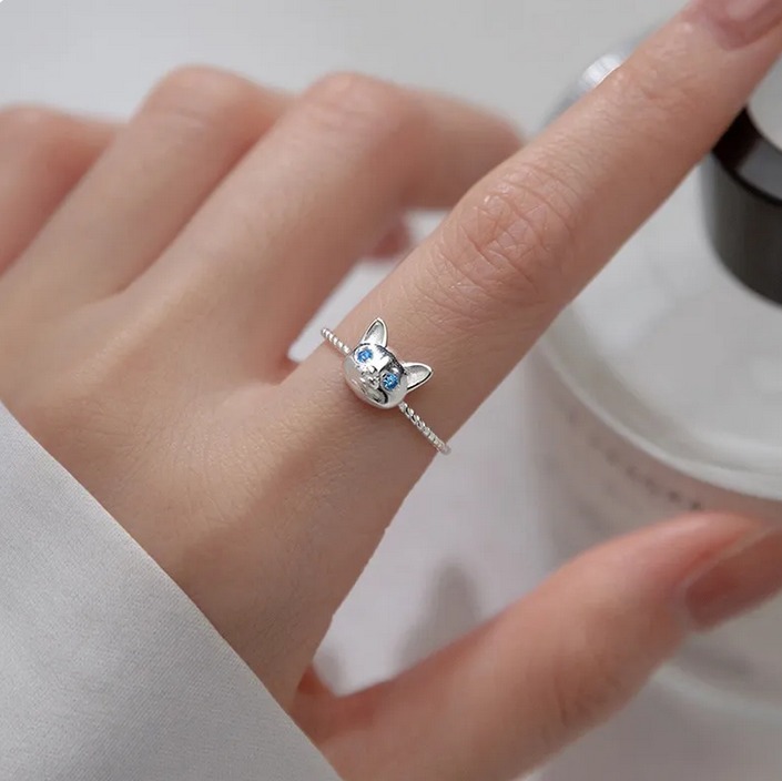 Elegant 925 Sterling Silver Blue Zircon Adjustable Kitten Ring (Size 5-6) - Image 2