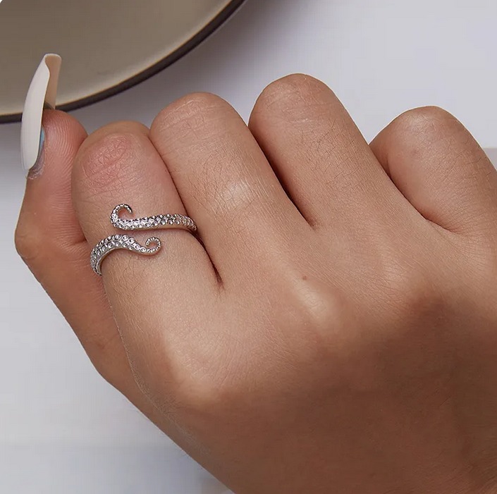 Platinum 925 Sterling Silver Octopus Whisker Adjustable Ring (Size 7-9) - Image 2