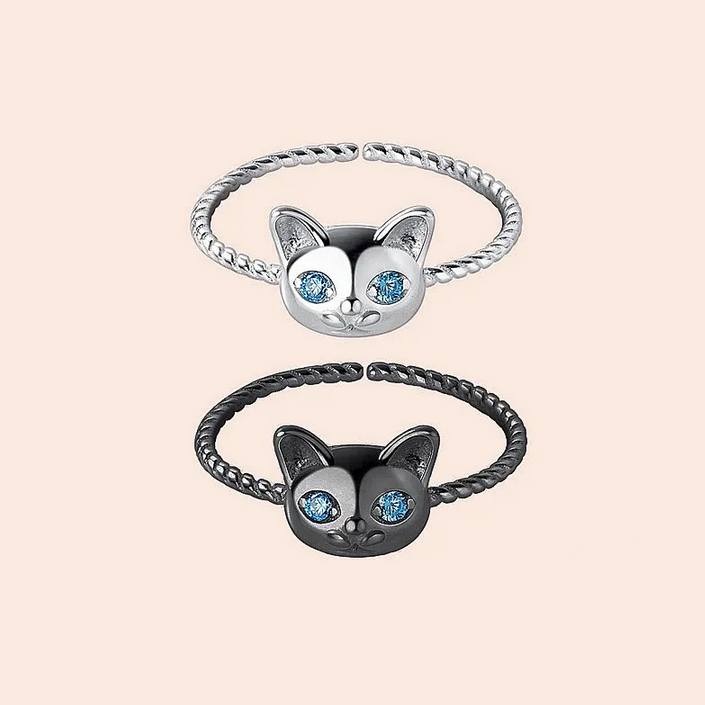 Elegant 925 Sterling Silver Blue Zircon Adjustable Kitten Ring (Size 5-6)