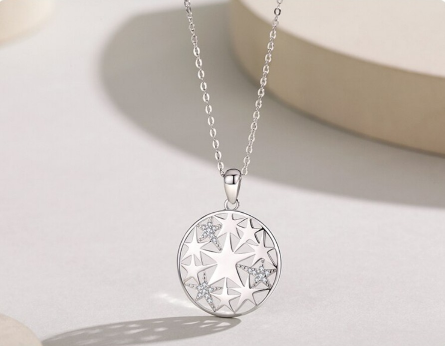 Exquisite 925 Sterling Silver Fashion Star Zirconia Charm Pendant Necklace