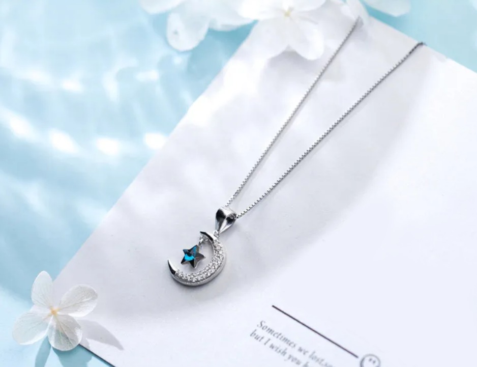 18K 925 Sterling Silver Sweet Blue Star Sparkling Moon Pendant Necklace