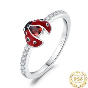 Luxury 925 Sterling Silver Cute Coccinella Natural Garnet Gemstone Ring