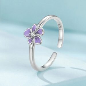 Platinum 925 Sterling Silver Mystic Purple Flower Adjustable Ring (Size 5.5-8)