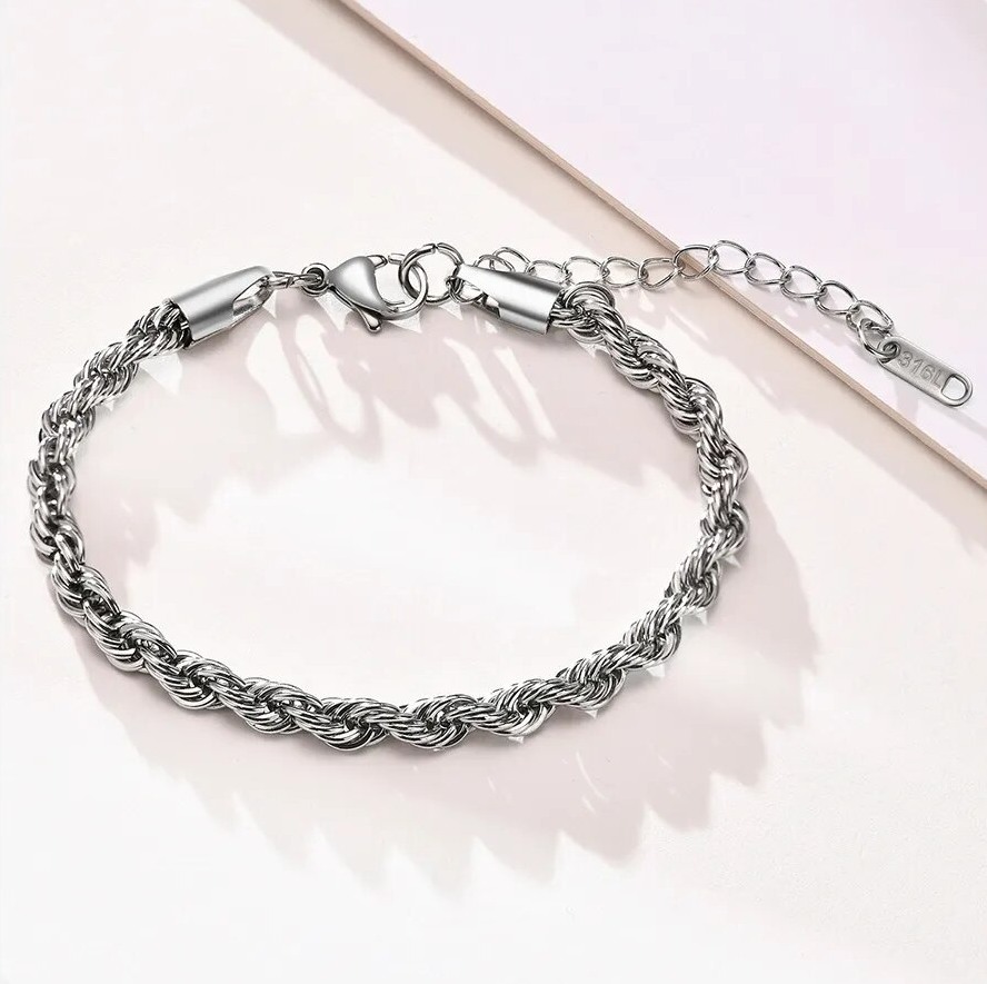 Quality 316L Stainless-Steel 2, 3, 4MM Twisted Rope Chain Bracelet