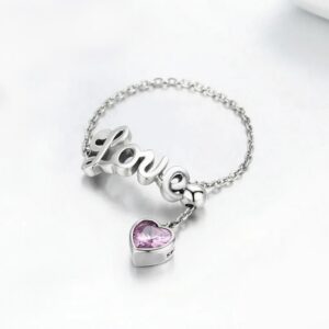 Genuine 925 Sterling Silver Love Letter Adjustable Heart Chain Ring