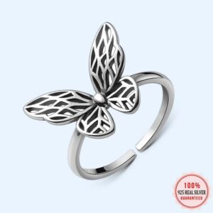 Genuine 18K 925 Sterling Silver Hollow Butterfly Adjustable Ring