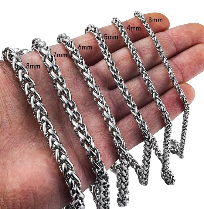 Men’s 316L Stainless Steel 5/7/8mm Braided Wheat Link Chain