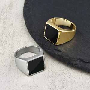 Men's 316L Stainless Steel Black Square Signet Ring (Silver, Gold)