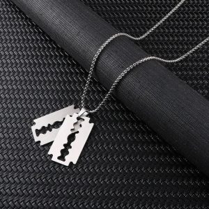Mens 316L Stainless Steel Polished Double Blade Pendant Necklace