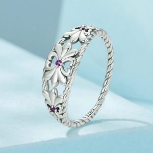 Platinum 925 Sterling Silver Vintage Iris Flower Twist Band Ring