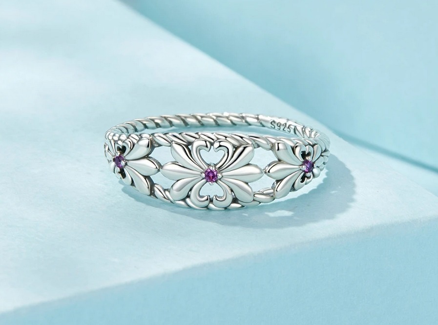 Platinum 925 Sterling Silver Vintage Iris Flower Twist Band Ring - Image 3