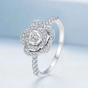 Platinum 925 Sterling Silver Dazzling Zircon Luxury Rose Ring