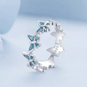 Platinum 925 Sterling Silver Solid Blue Butterfly Charm Ring