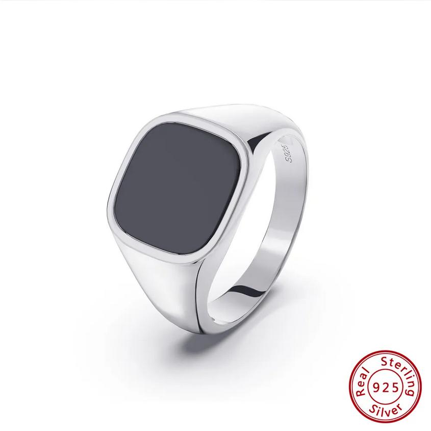Men’s 925 Sterling Silver 12MM Black Agate Classic Signet Ring