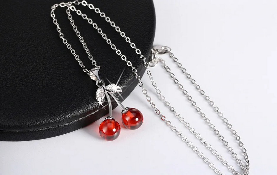 Exquisite Rhodium 925 Sterling Silver Natural Red Agate Cherry Pendant Necklace - Image 3
