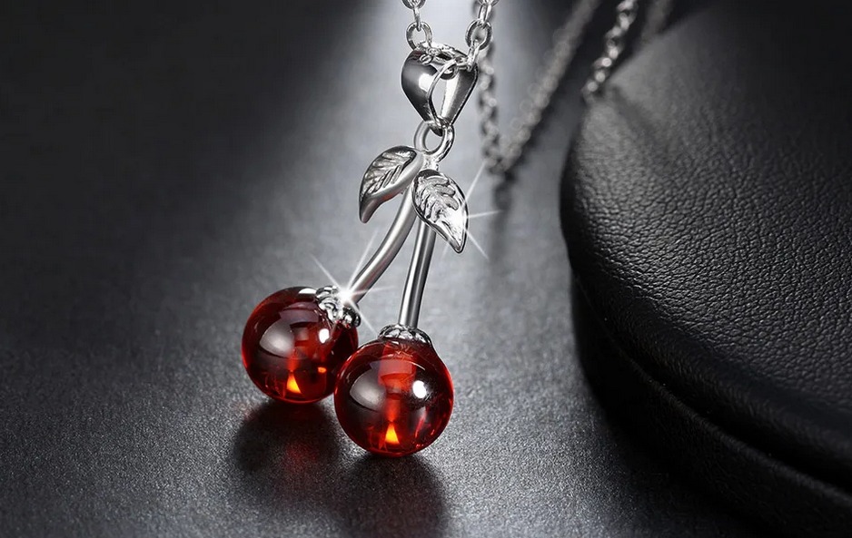 Exquisite Rhodium 925 Sterling Silver Natural Red Agate Cherry Pendant Necklace - Image 2