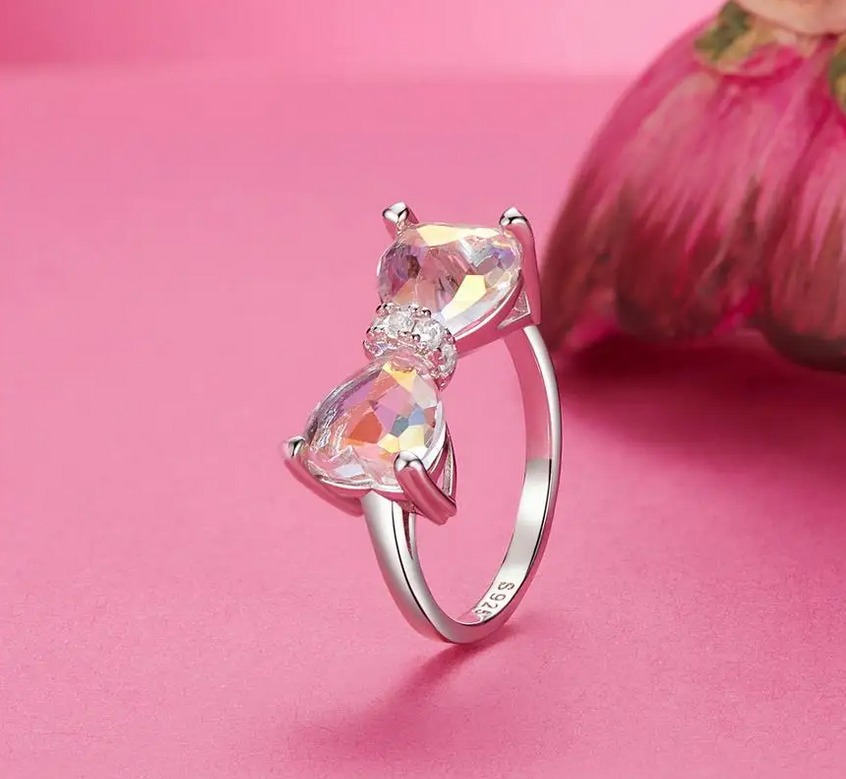 Platinum 925 Sterling Silver Exquisite Rainbow Butterfly Bowknot Ring