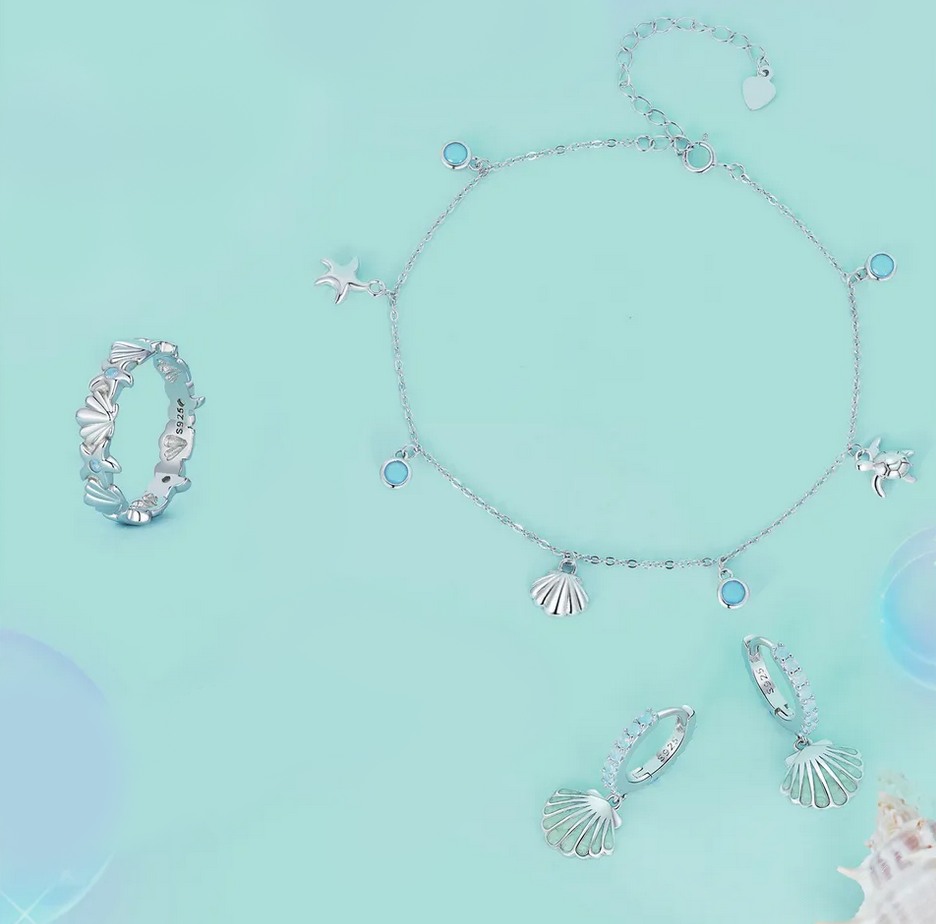 Platinum 925 Sterling Silver Blue Zircon Delicate Seashell Necklace - Image 5