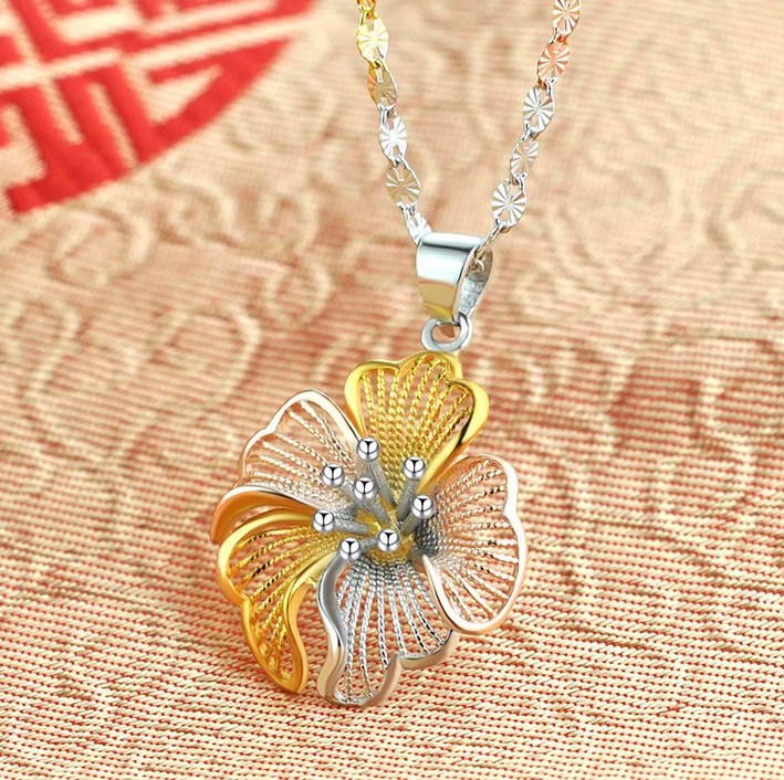 Platinum/18K S925 Sterling Silver Tri-Tone Flower Pendant Necklace - Image 3