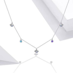 Platinum 925 Sterling Silver Blue Zircon Delicate Seashell Necklace