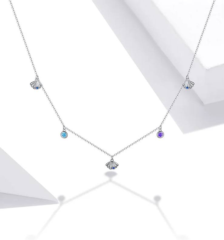 Platinum 925 Sterling Silver Blue Zircon Delicate Seashell Necklace