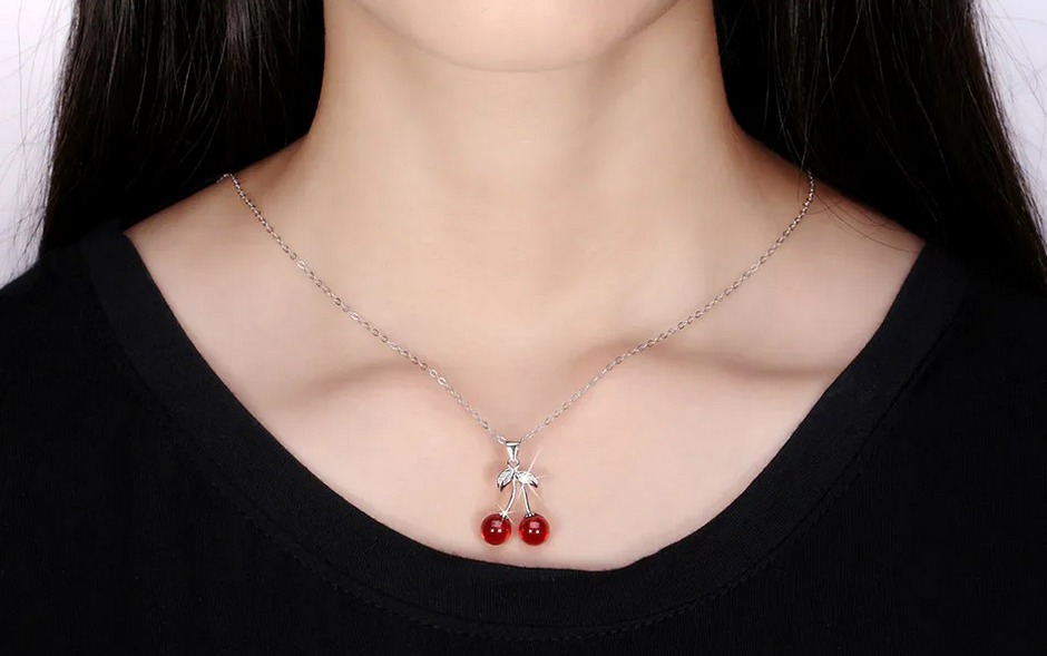 Exquisite Rhodium 925 Sterling Silver Natural Red Agate Cherry Pendant Necklace - Image 4