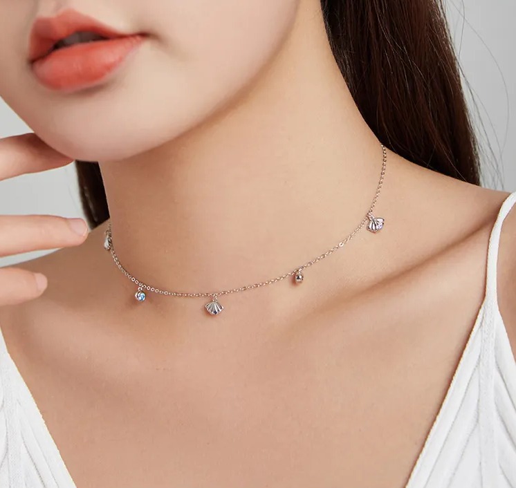 Platinum 925 Sterling Silver Blue Zircon Delicate Seashell Necklace - Image 2