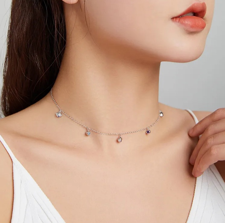 Platinum 925 Sterling Silver Blue Zircon Delicate Seashell Necklace - Image 4