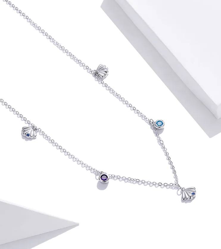 Platinum 925 Sterling Silver Blue Zircon Delicate Seashell Necklace - Image 3