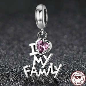 Creative 925 Sterling Silver "I Love My Family" Zircon Heart Dangle Fit Charm
