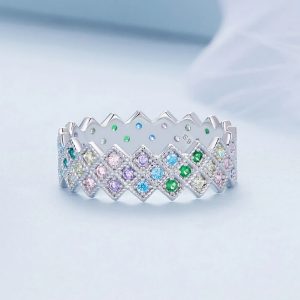 Platinum 925 Sterling Silver Rainbow Zircon Diamond Patterned Ring