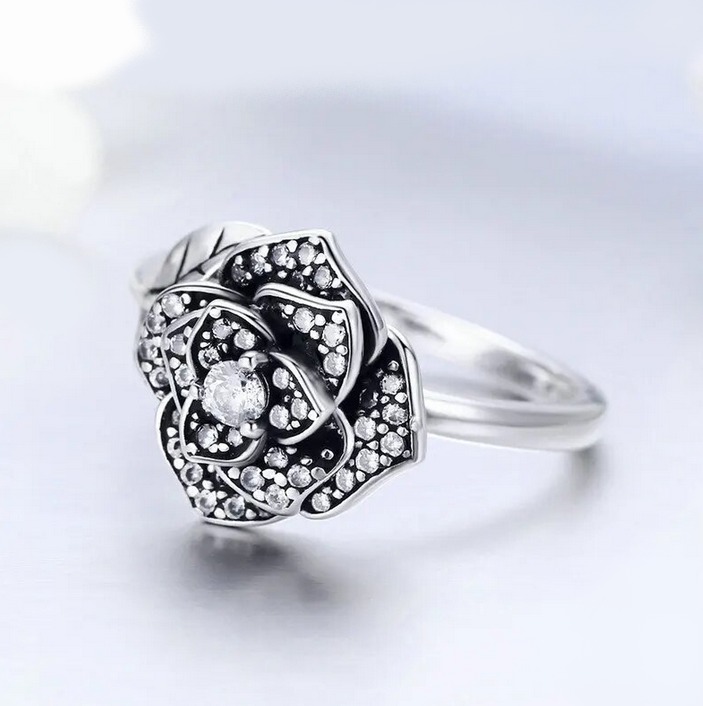 Luxury 925 Sterling Silver Retro Rose Leaf Dazzling Zircon Adjustable Ring - Image 2