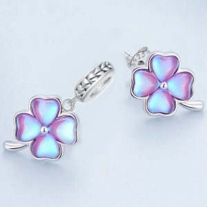 Platinum 925 Sterling Silver Luxury Four Leaf Clover Stud Earrings & Charm
