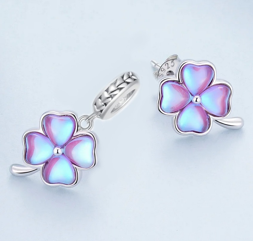 Platinum 925 Sterling Silver Luxury Four Leaf Clover Stud Earrings & Charm