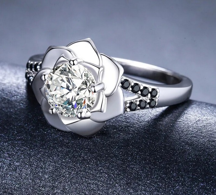 Elegant Black Spinel Silver Plated Sparkling Zirconia Flower Ring - Image 3