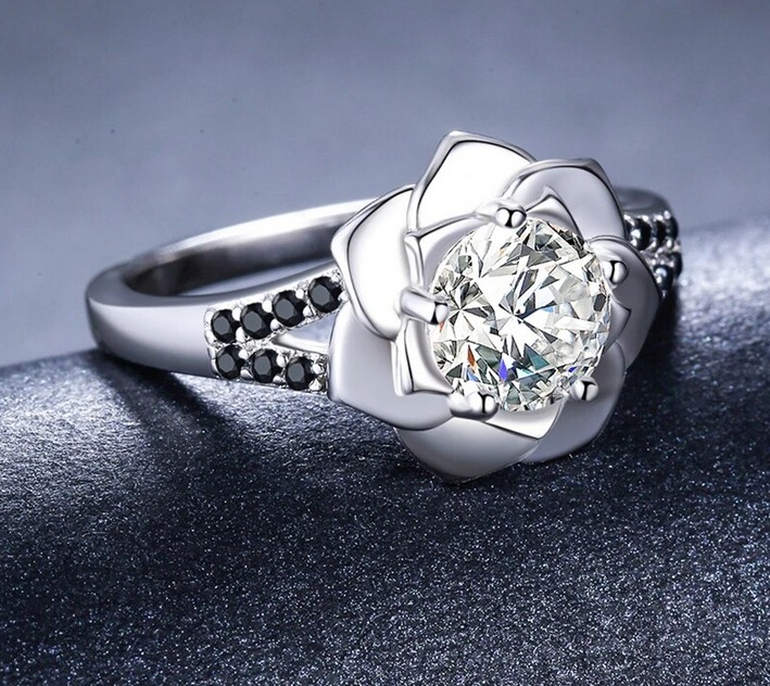 Elegant Black Spinel Silver Plated Sparkling Zirconia Flower Ring - Image 4