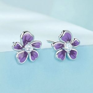 Platinum 925 Sterling Silver Mystic Purple Flower Zircon Stud Earrings