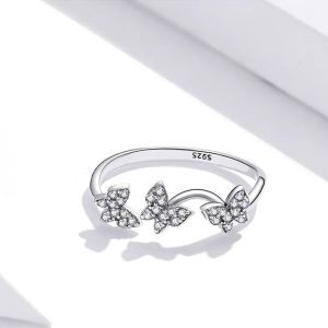 Exquisite 925 Sterling Silver Dancing Zircon Butterflies Adjustable Ring