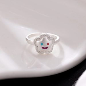 Exquisite 925 Sterling Silver Zircon Star Smiley Face Adjustable Ring