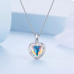 Platinum 925 Sterling Silver Mystic Rainbow Glass Heart Necklace/Earrings Set