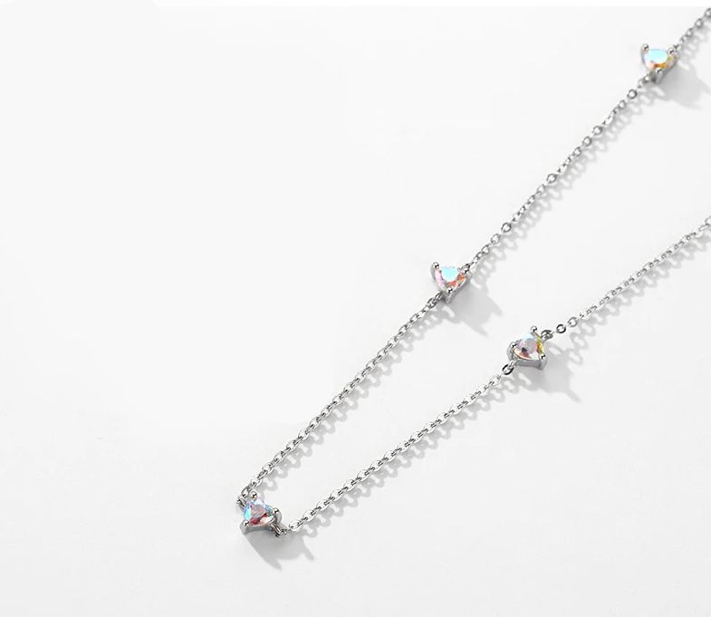 Luxury 925 Sterling Silver Rainbow Fire Zirconia Hearts Chain Link Necklace - Image 4