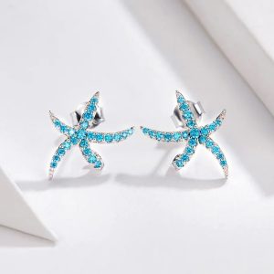 Platinum 925 Sterling Silver Dancing Starfish Zirconia Stud Earrings