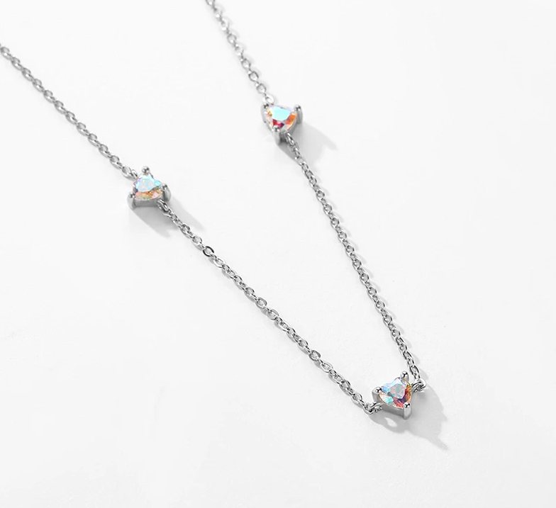 Luxury 925 Sterling Silver Rainbow Fire Zirconia Hearts Chain Link Necklace
