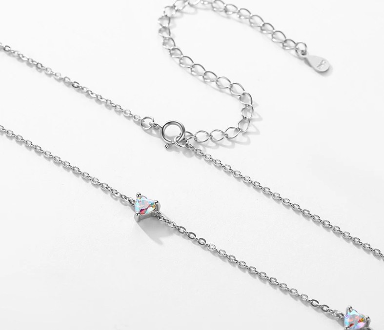 Luxury 925 Sterling Silver Rainbow Fire Zirconia Hearts Chain Link Necklace - Image 3