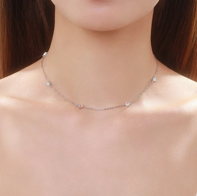 Luxury 925 Sterling Silver Rainbow Fire Zirconia Hearts Chain Link Necklace - Image 2