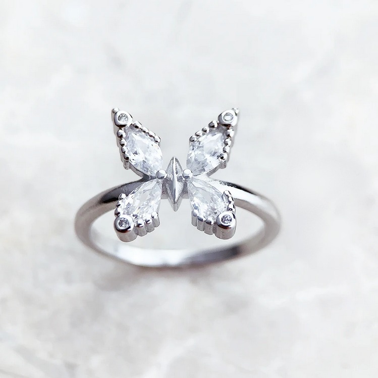 Genuine 925 Sterling Silver White Zirconia Elegant Butterfly Ring
