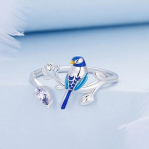 Platinum 925 Sterling Silver Zircon Branch Blue Bird Adjustable Ring