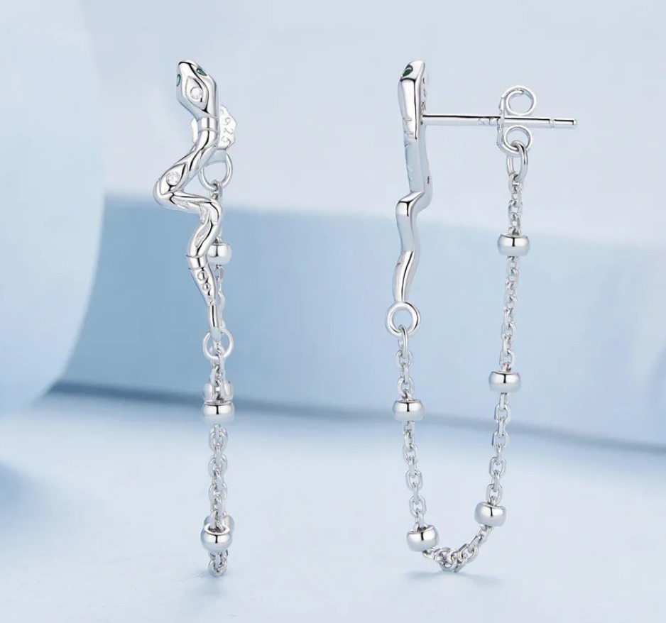 Platinum 925 Sterling Silver Elegant Zircon Viper Tassel Chain Stud Earrings