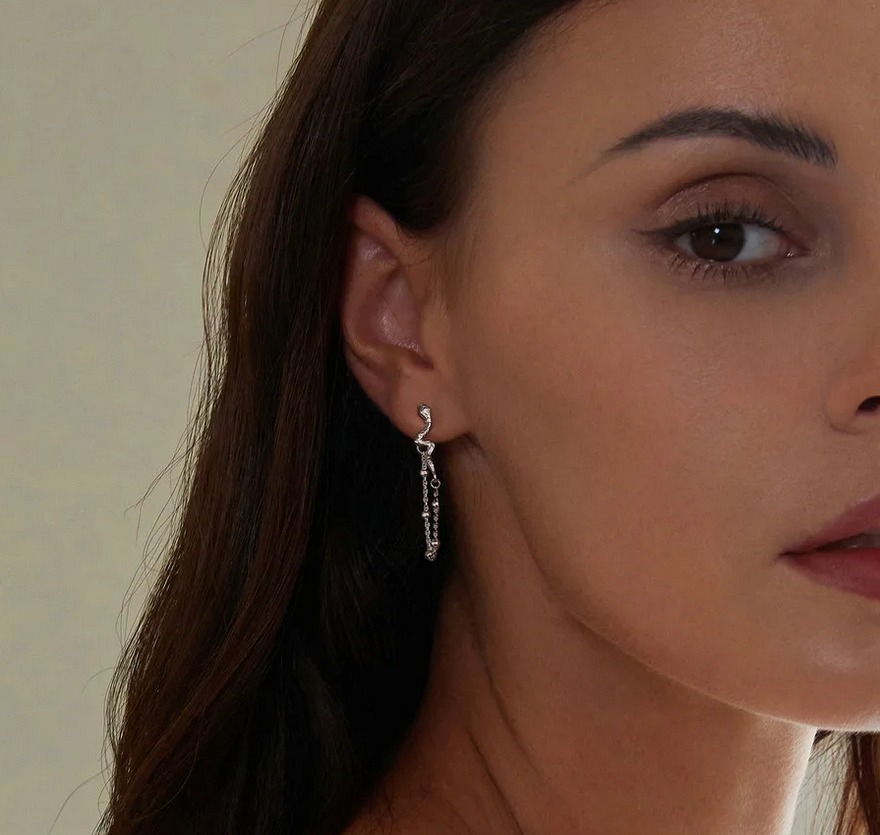 Platinum 925 Sterling Silver Elegant Zircon Viper Tassel Chain Stud Earrings - Image 4