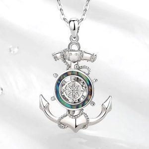 Exquisite 925 Sterling Silver Rotating Abalone Shell Compass Anchor Pendant